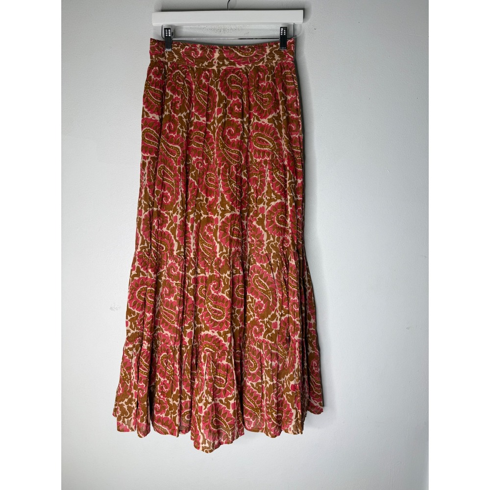 Cleobella Pink Brown Paisley Organic Cotton Tiered Maxi Skirt Small Boho Pockets